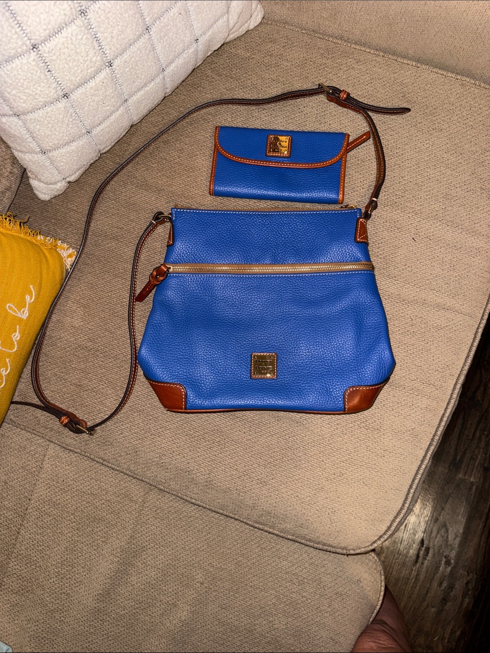 Dooney & Bourke Blue Pebble Leather Crossbody with Brown Trim